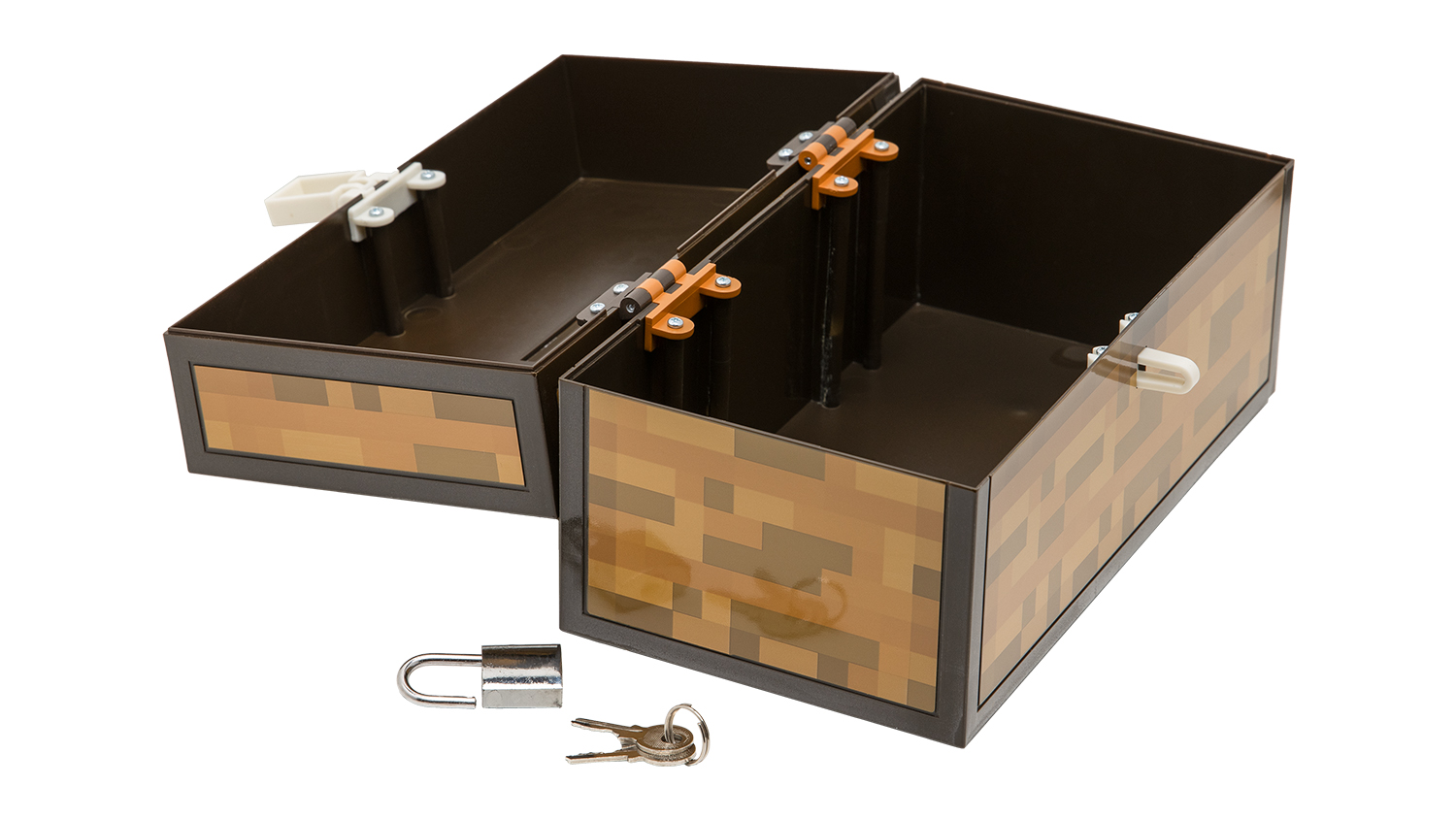 Minecraft Chest Money Box, showing its pixelated wood design, hinges, and lockable clasp