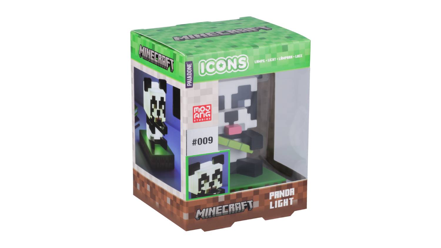 Boxed Paladone Minecraft Panda Icon Light, featuring a pixelated panda design inside a clear display window