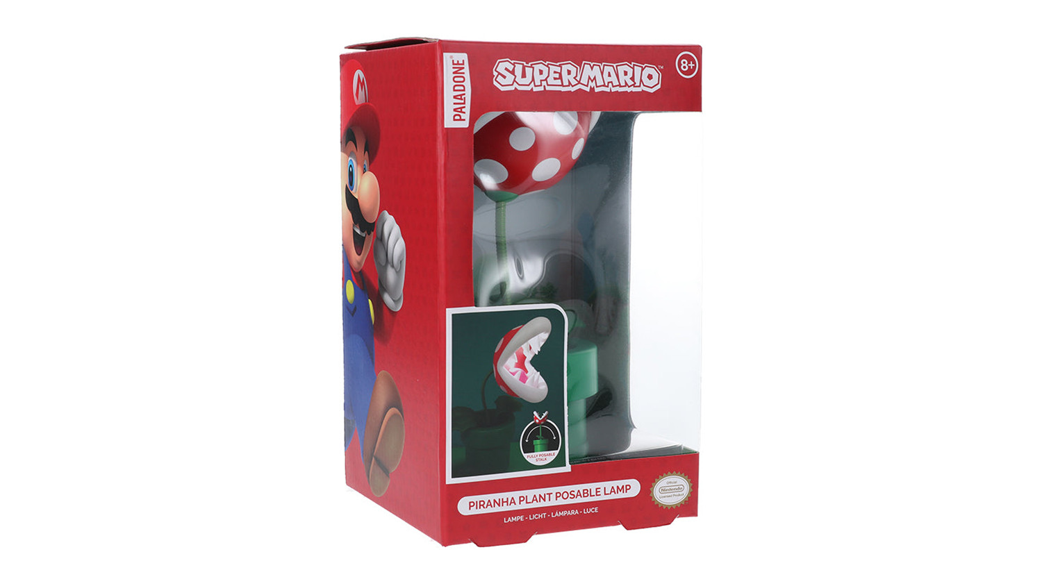 Super Mario Piranha Plant Lamp packaging with a window showing the mushroom-shaped head and a small instruction graphic
