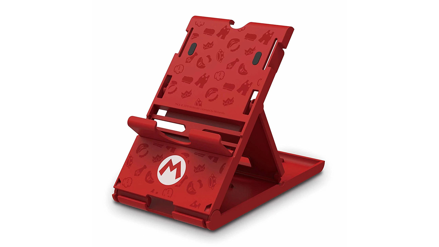 Red HORI Nintendo Switch PlayStand folded open at an angle, displaying the viewing platform