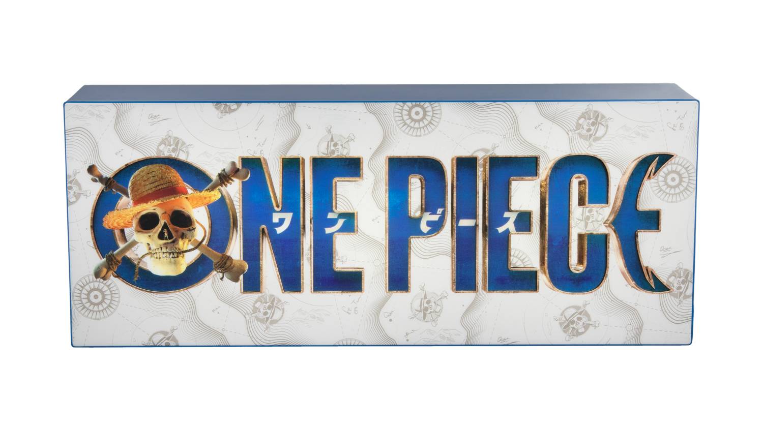 Rectangular LED light featuring the One Piece logo with bold blue letters and gold outline