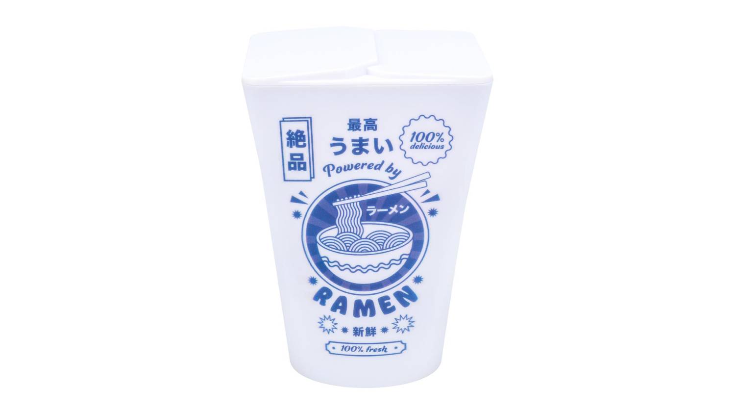 Paladone Takeaway Ramen Box LED light shaped like a white noodle cup with blue Japanese text