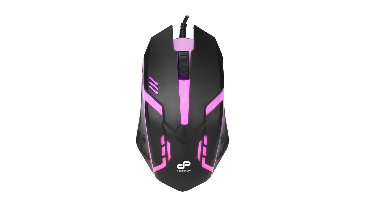Black Powerplay Start RGB gaming mouse with pink LED accents and scroll wheel, wired USB connection