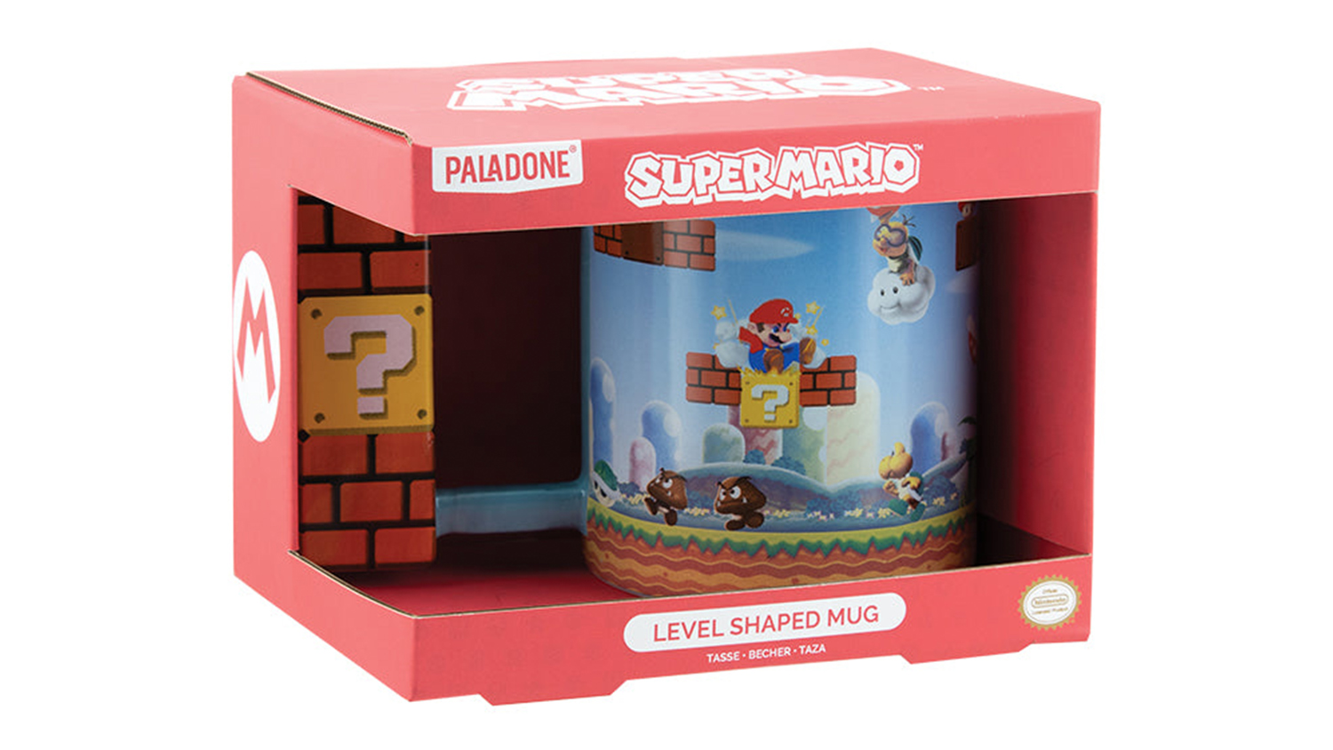 The red packaging of the Paladone Novelty Mug with Super Mario design