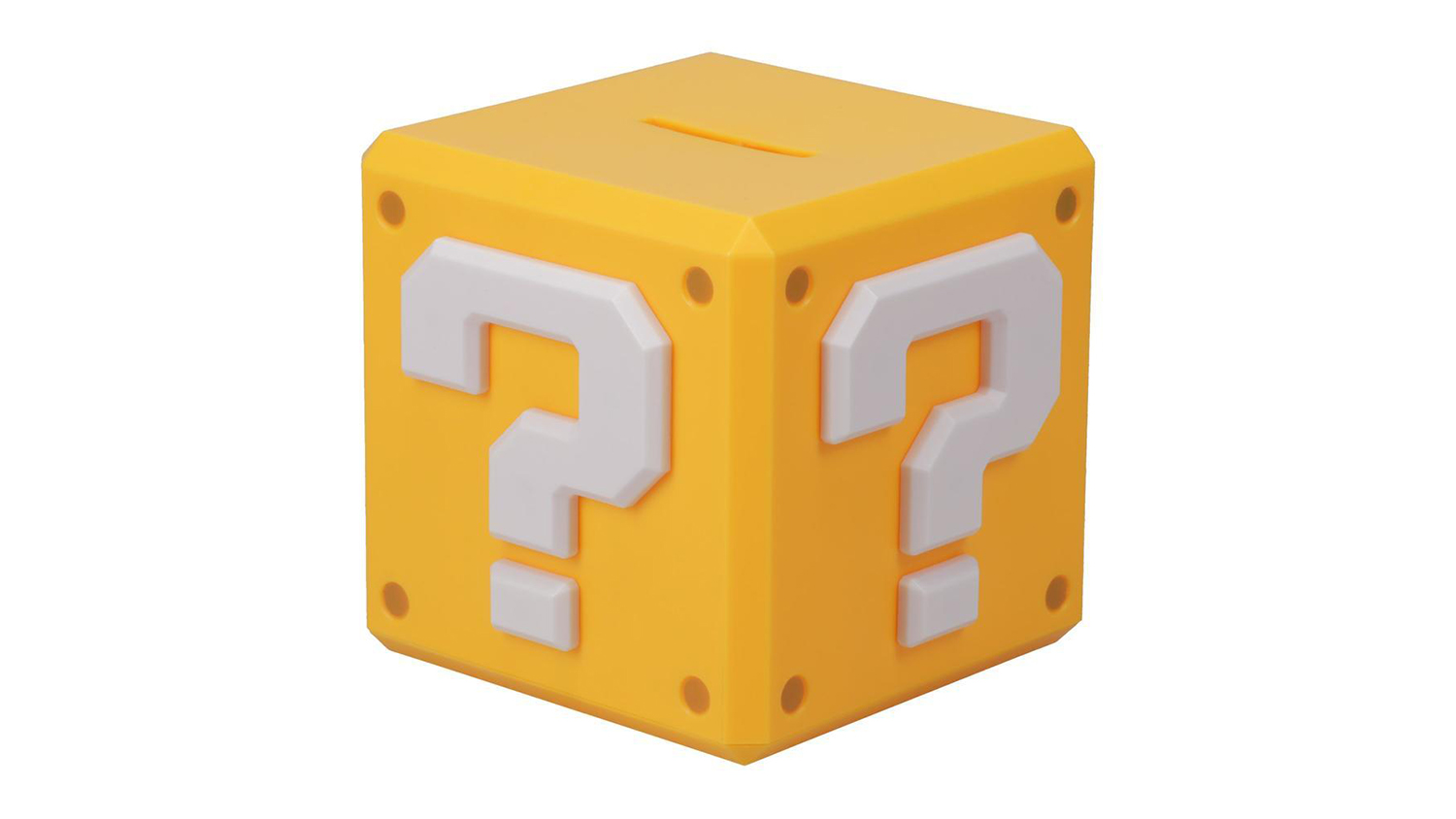 Paladone Novelty Coin Box, a yellow cube styled after the Super Mario’s Question Block