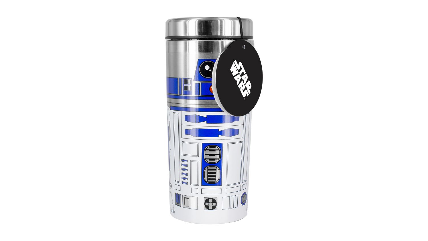 Silver metal travel mug with detailed R2-D2 design and Star Wars tag attached