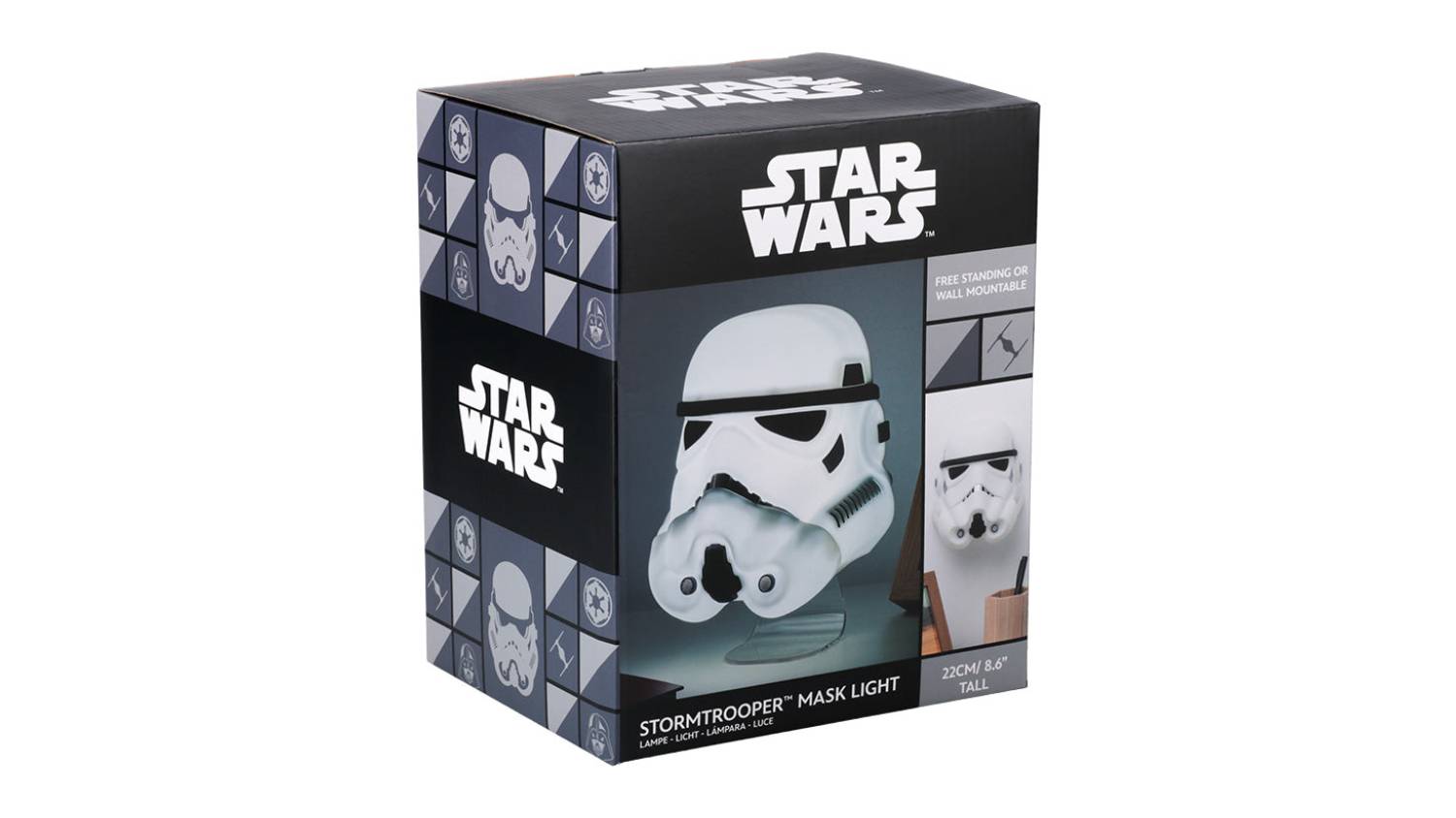 Product packaging for the Stormtrooper Mask LED Light. The box shows the white helmet-shaped light with branding