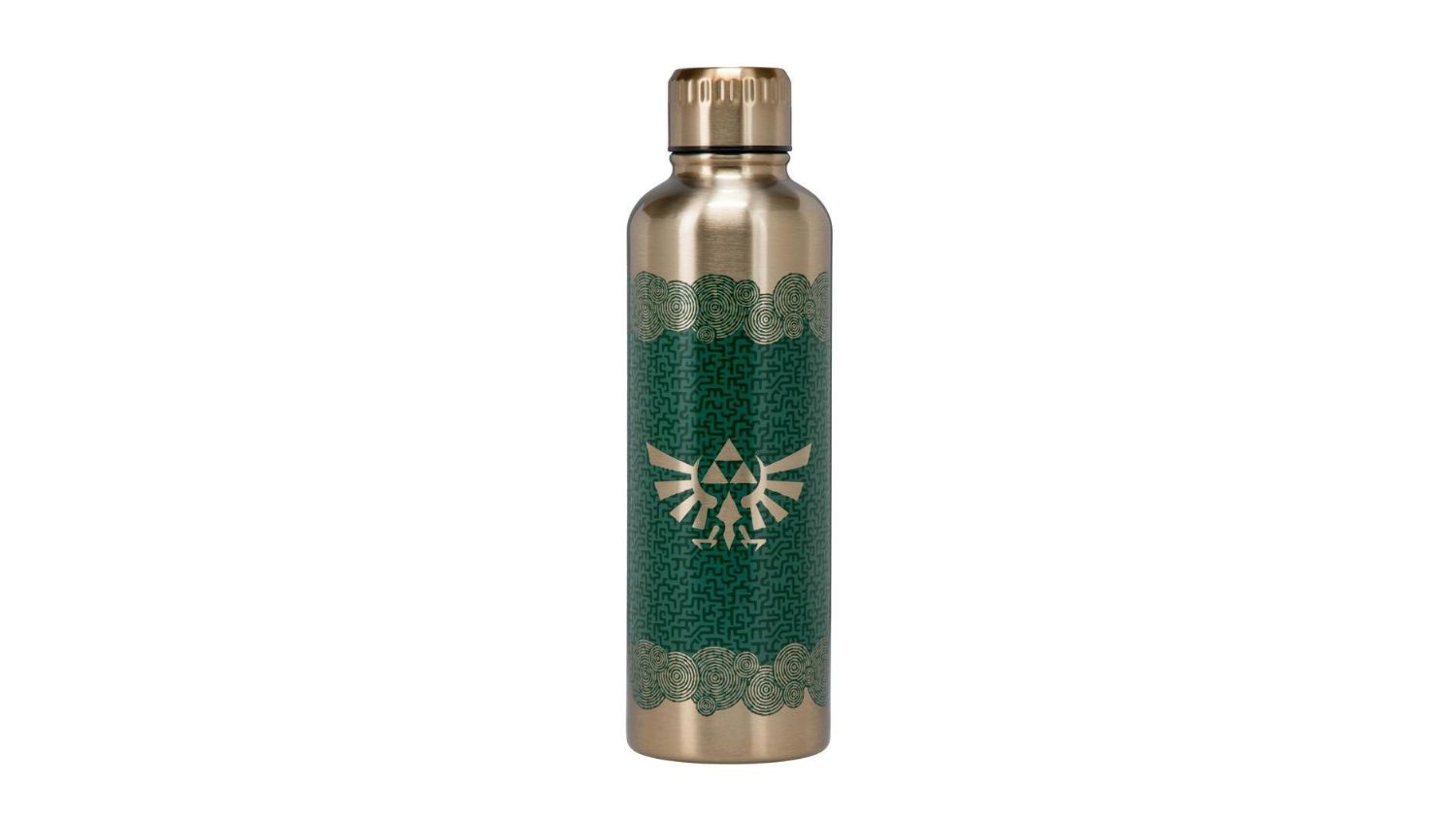 Metal water bottle with green Zelda design featuring Triforce and Hylian crest