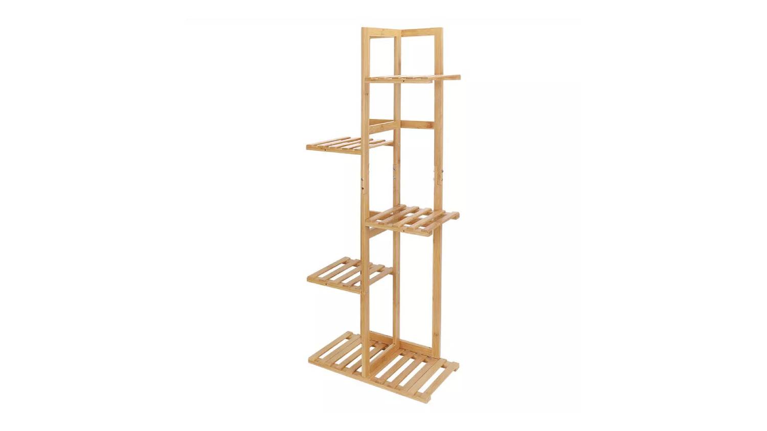 Natural bamboo 5-tier plant stand with slatted shelves arranged vertically for holding potted plants