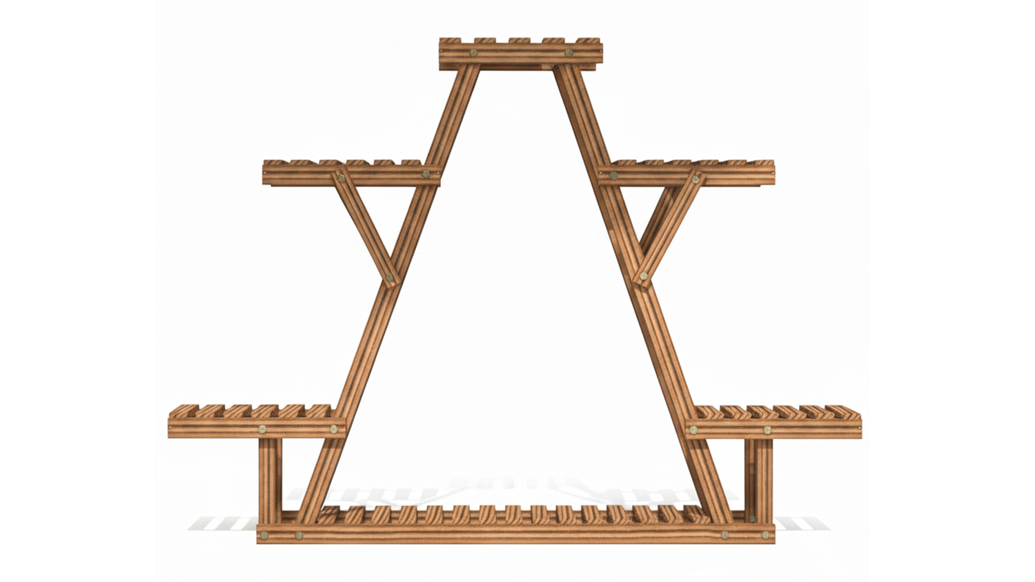 Front view of the empty wooden tiered shelving unit with a zig-zag folding design