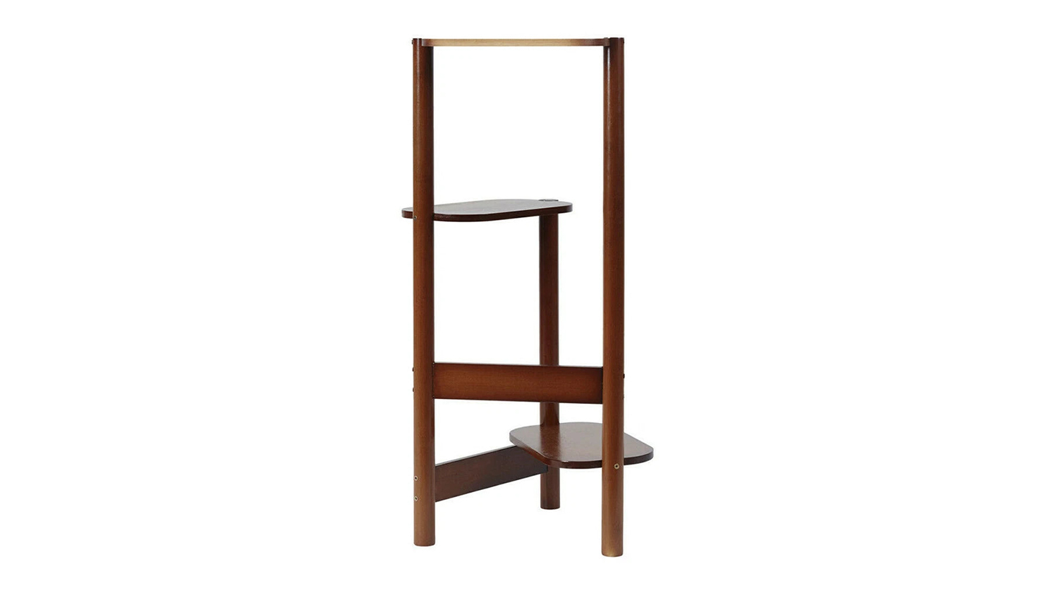 The disassembled dark brown bamboo plant stand features three circular tiers at staggered heights.