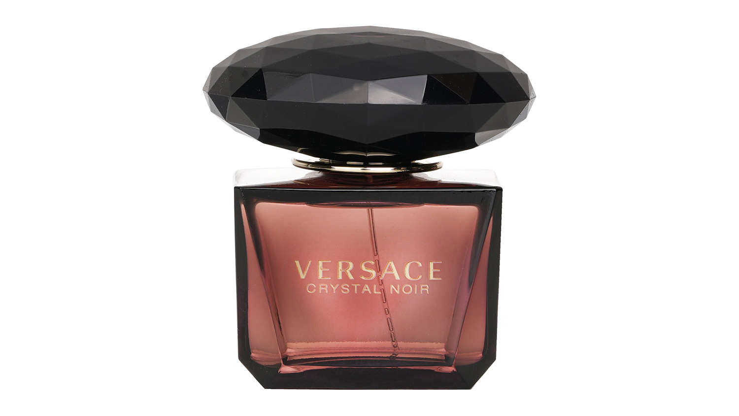 Front view of the Versace Crystal Noir Eau De Toilette bottle with a large, faceted black cap