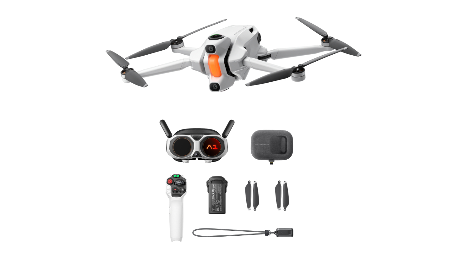 A full view of all the inclusions in the  Insta360 Antigravity A1 360 Drone Standard Bundle