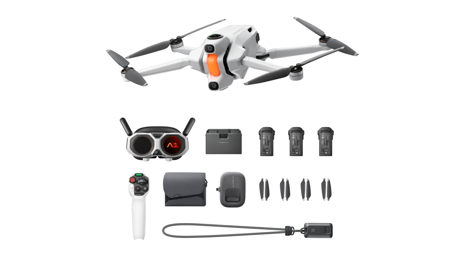 A full view of all the inclusions in the  Insta360 Antigravity A1 360 Drone Explorer Bundle