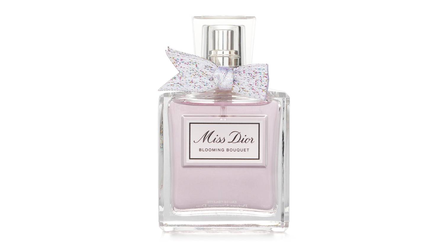 Front view of Miss Dior Blooming Bouquet Eau De Toilette bottle, featuring a clear glass design with light pink liquid