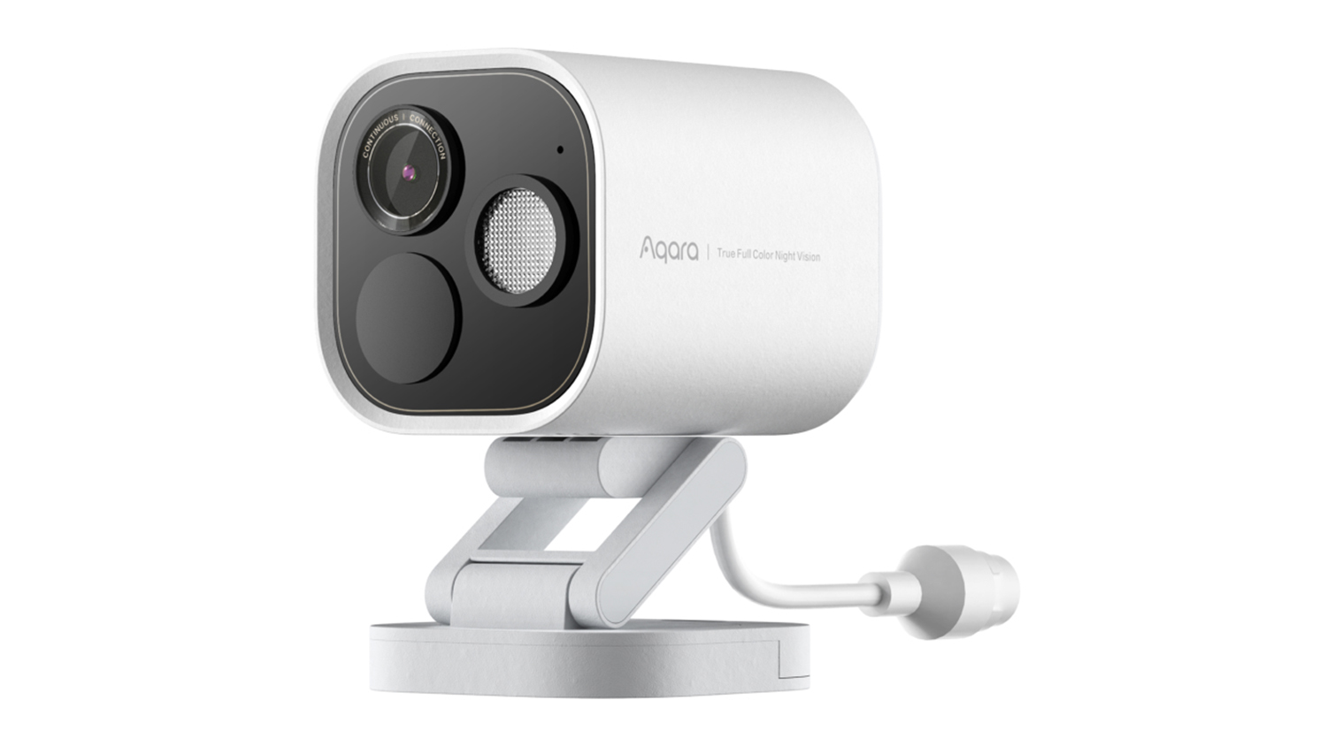 Angled front view of the white Aqara Camera Hub G5 Pro PoE with its adjustable bracket and cable