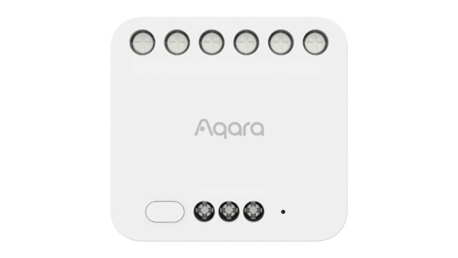 Front view of Aqara Dual Relay Module T2, a compact white device with six terminal ports on top