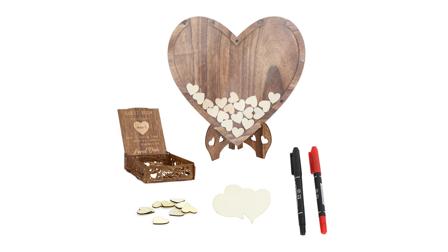 Heart-shaped guest book frame with wooden hearts and markers