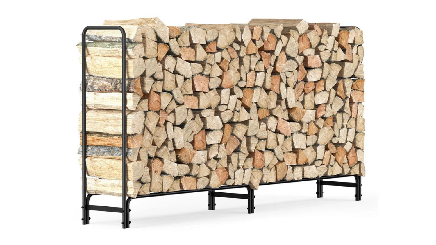 Black iron firewood rack stacked with split logs