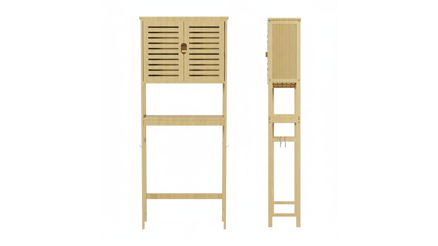 Front and side view of the bamboo over-toilet bathroom storage cabinet
