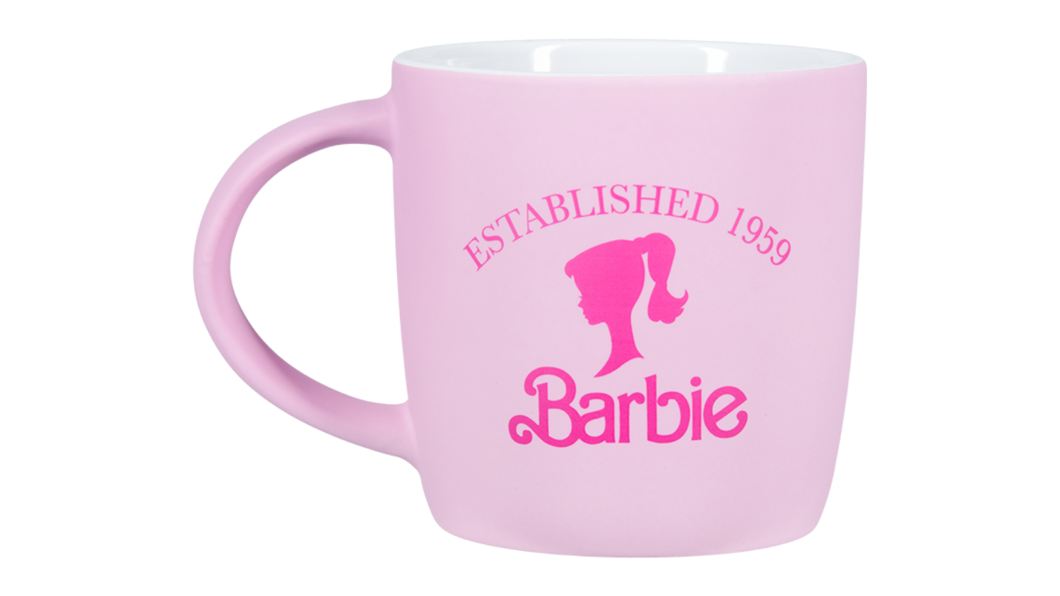 A front view of the barbie classic pink mug