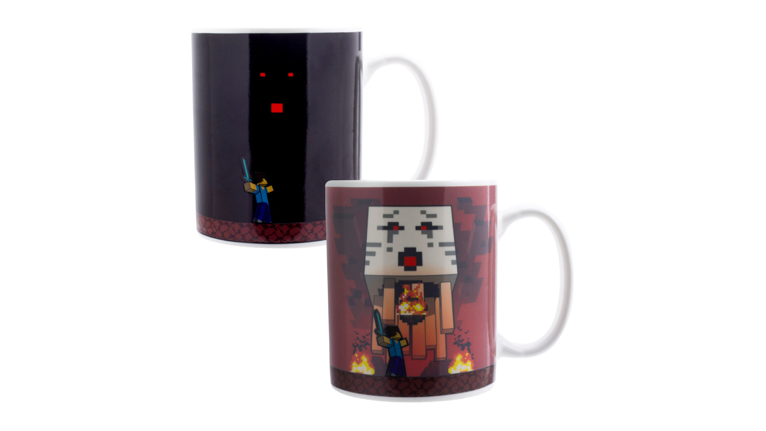 A front and back view of the minecraft mug with steve and the ghast displayed