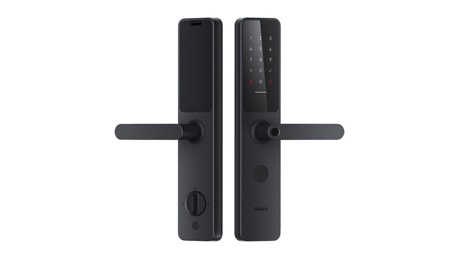 Front and Back view of the black Aqara Smart Door Lock A100 with keypad and handle