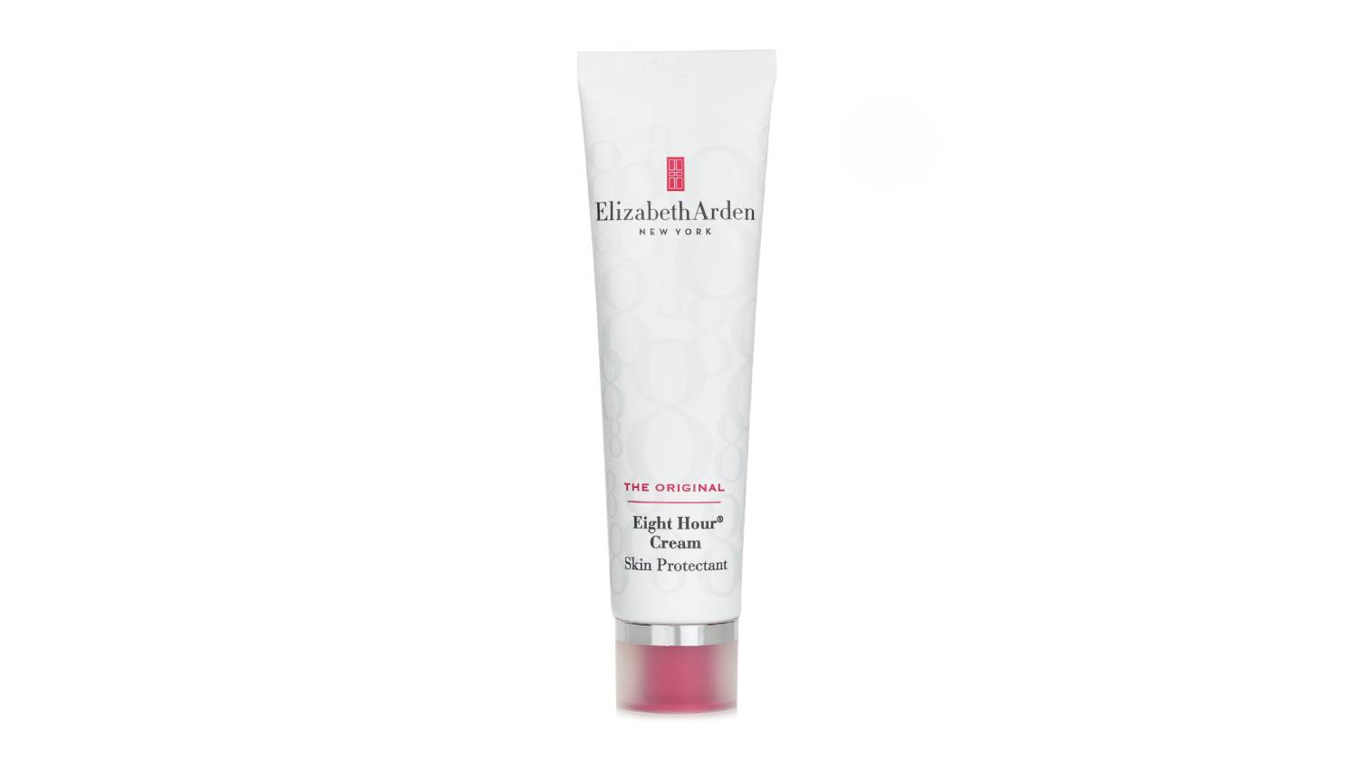 A white tube of Elizabeth Arden Eight Hour Cream Skin Protectant with red accents