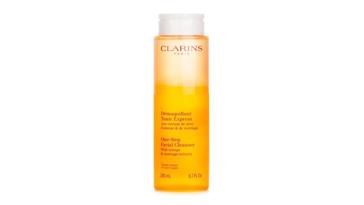 A cylindrical bottle of Clarins One-Step Facial Cleanser with a light orange liquid and a white cap