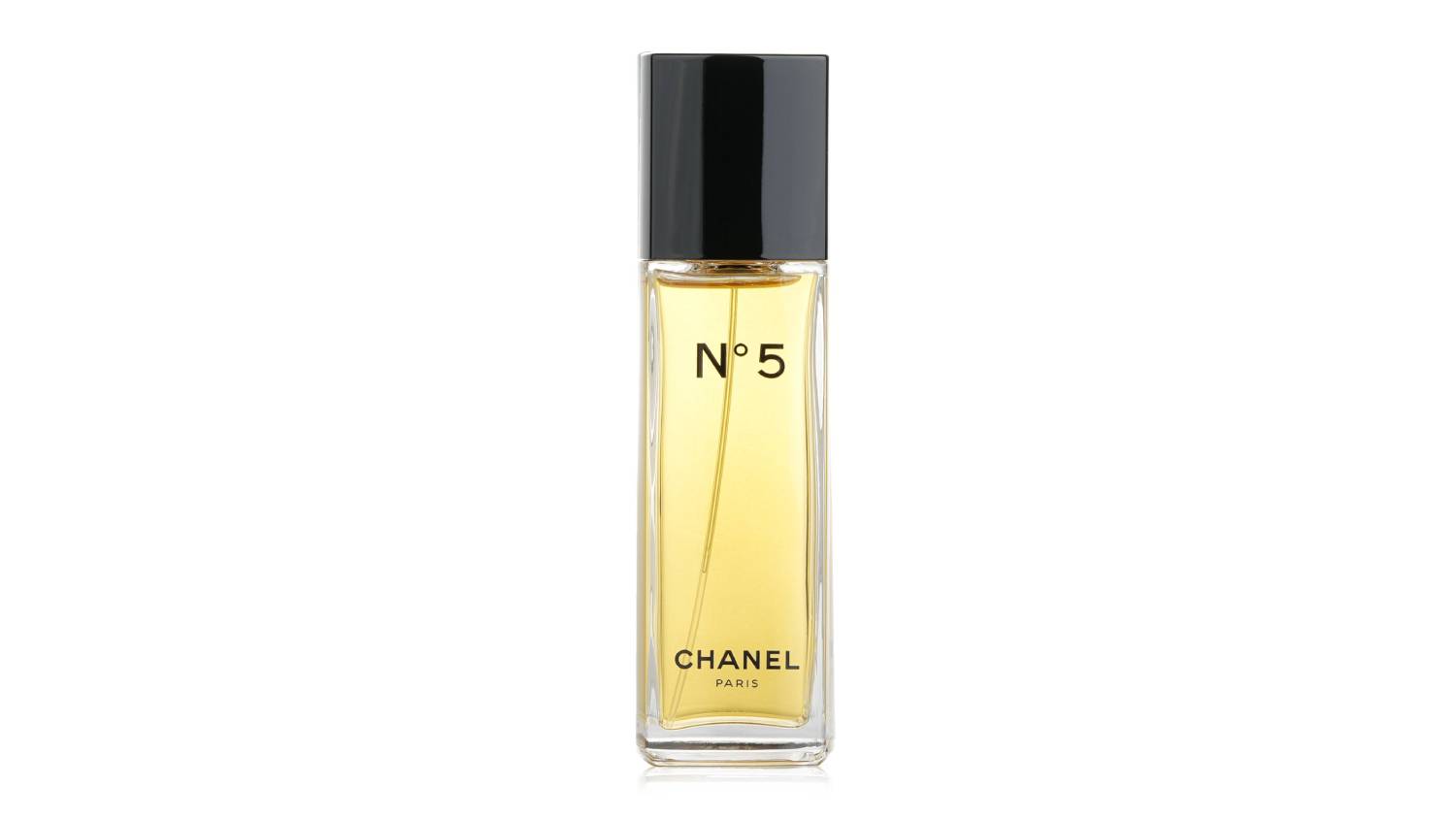 A rectangular glass bottle of Chanel No.5 Eau de Toilette Spray with golden liquid inside