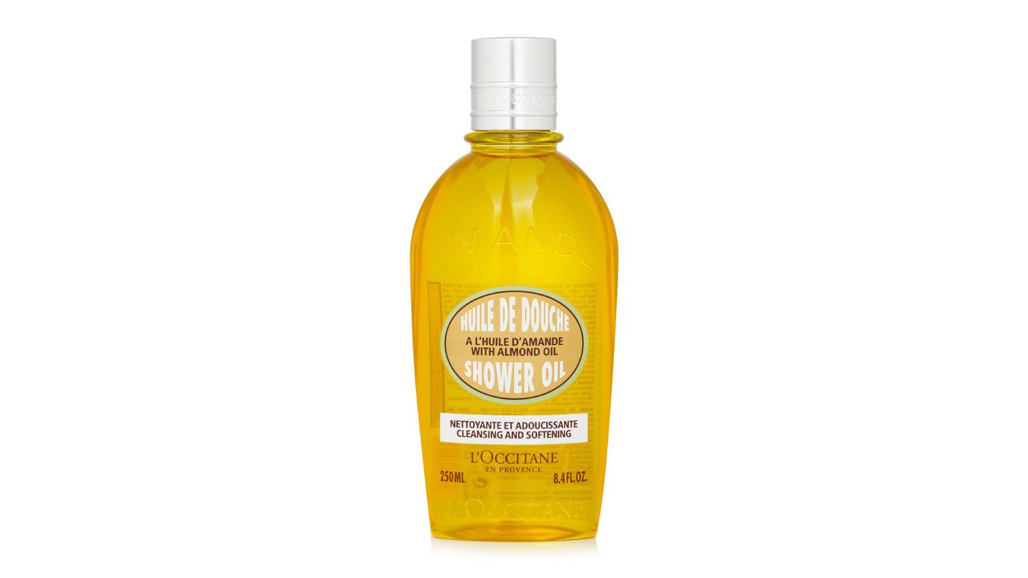 A clear oval-shaped bottle of the L’Occitane Almond Cleansing & Soothing Shower Oil filled with golden liquid