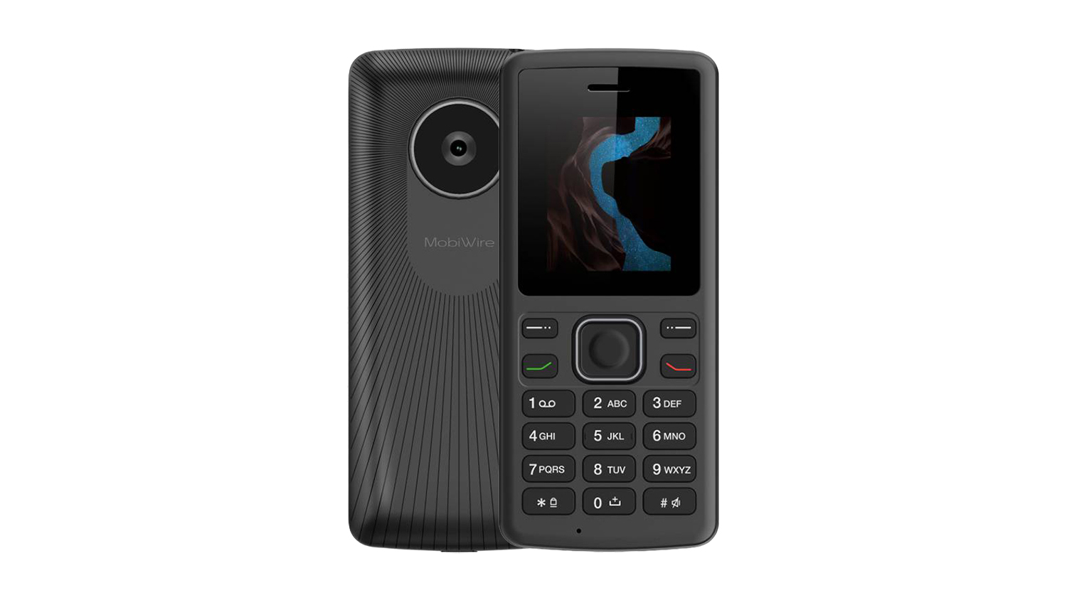 Front view of the MobiWire Nikiti 2 mobile phone showing a small colour display and physical keypad