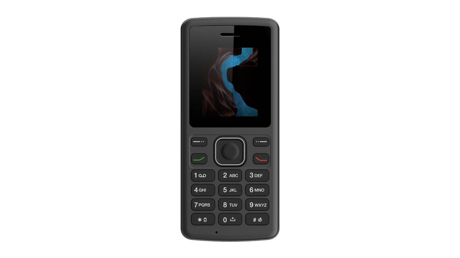 Front view of the MobiWire Nikiti 2 mobile phone showing a small colour display and physical keypad