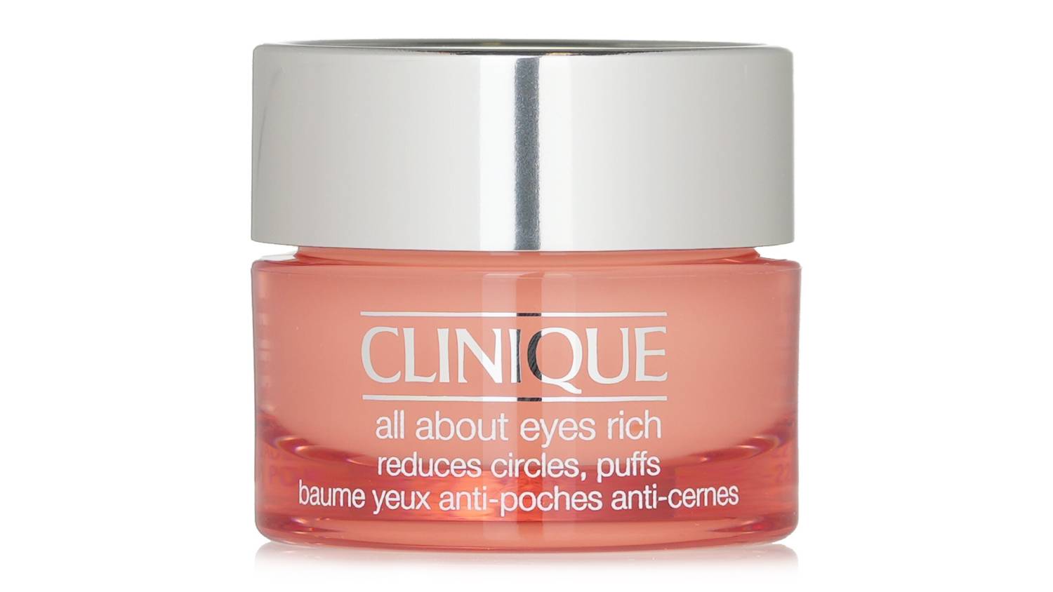 A small round jar of Clinique All About Eyes Rich eye cream with a silver lid and peach-coloured container