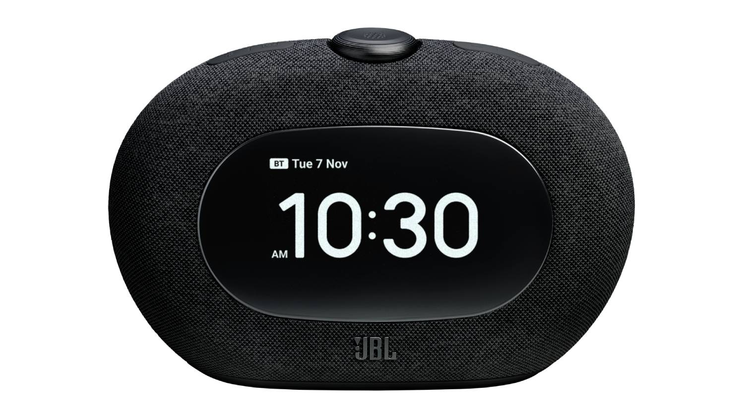 Front view of the JBL Horizon 3 speaker showing a digital clock display with time 10:30 AM and logo