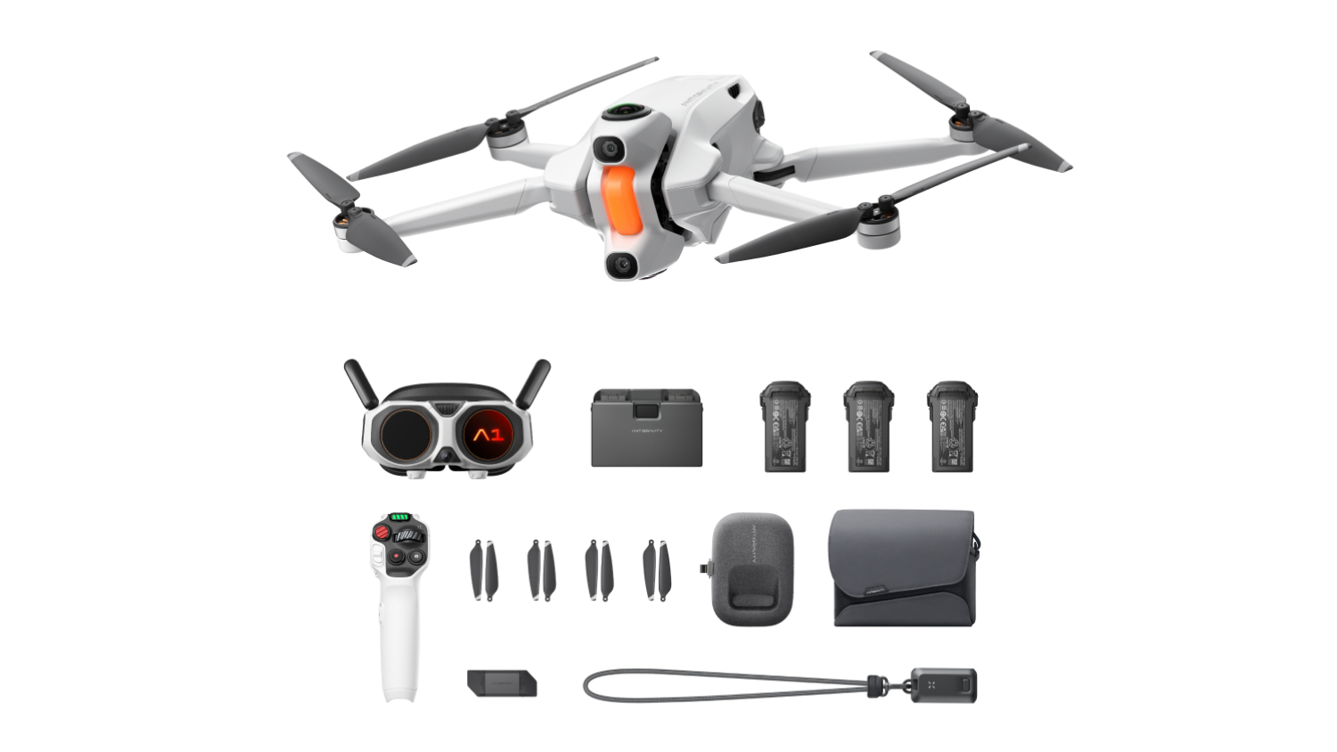 A full view of all the inclusions in the  Insta360 Antigravity A1 360 Drone Infinity Bundle