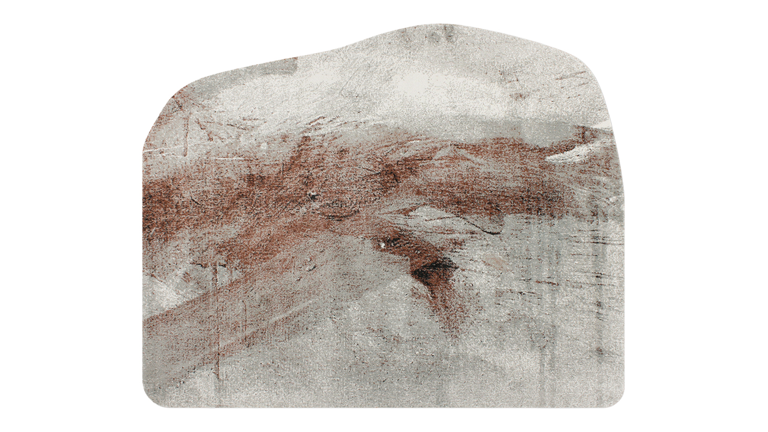 Georgia Rug with an irregular organic shape, featuring abstract brushstroke patterns in silver and paprika tones