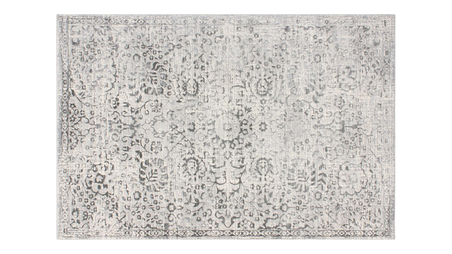 Full view of the Eloise Rug in Silver showing a rectangular shape with a traditional floral pattern