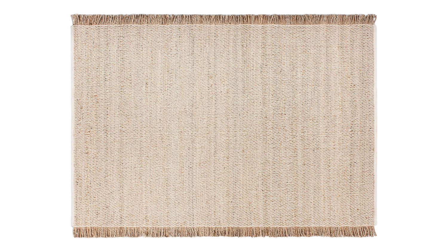 Full view of the Demi Rug in Natural showing a rectangular shape with a woven texture and decorative fringes