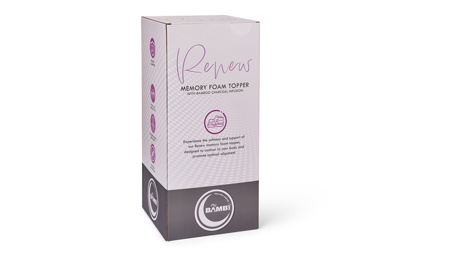 A retail box for Renew Memory Foam with Bamboo Charcoal Infusion Mattress Topper by Bambi