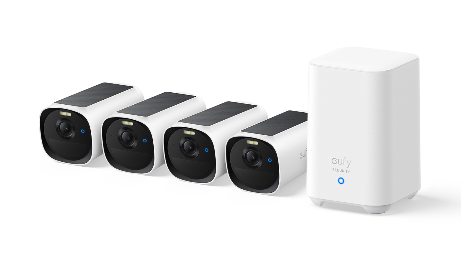 Four Eufy Cam E40 Essential 2K Outdoor Wireless Smart Security Cameras with central hub