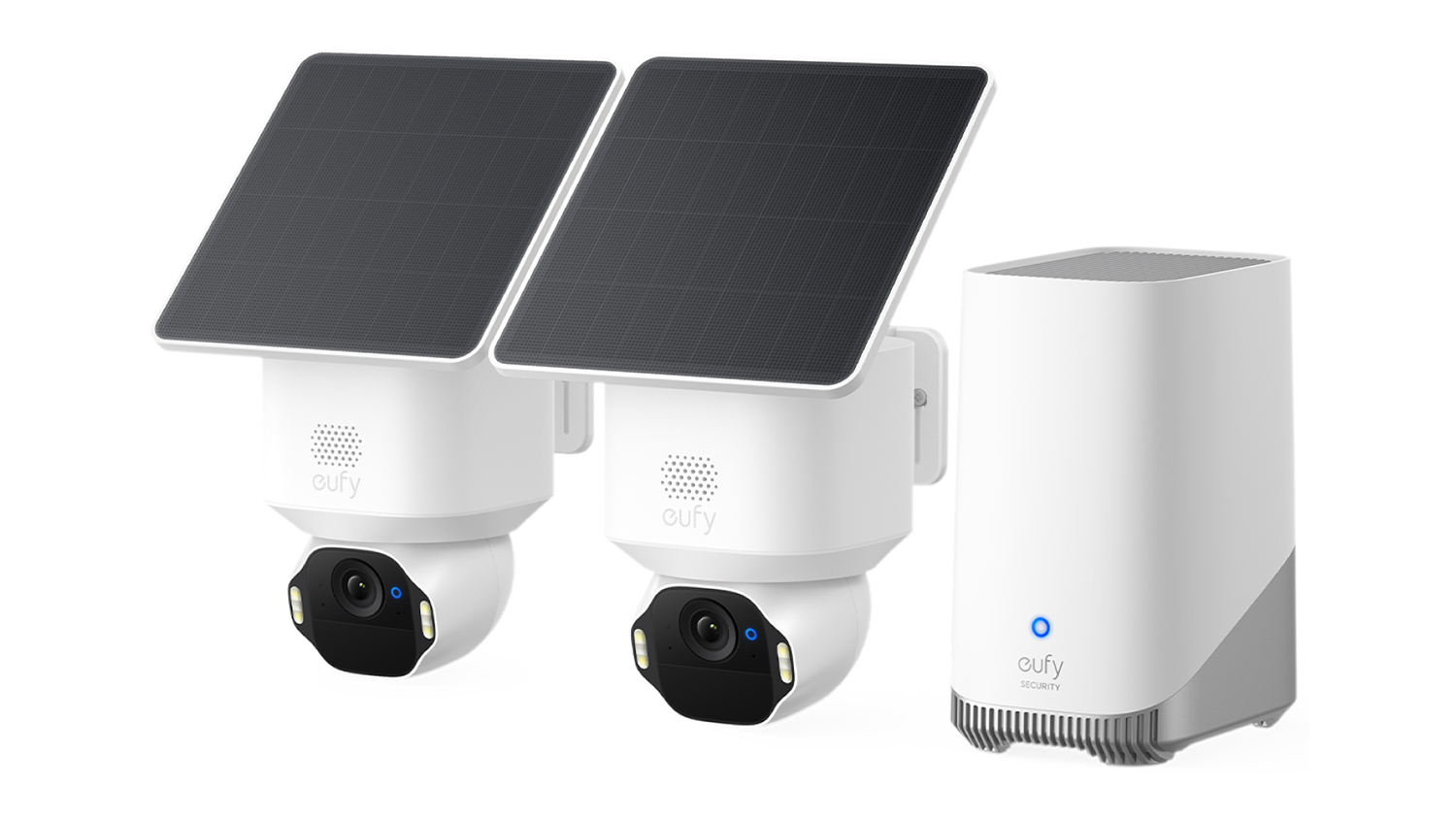 Two Eufy Cam E42 4K Outdoor Wireless Smart Security Cameras with a central hub