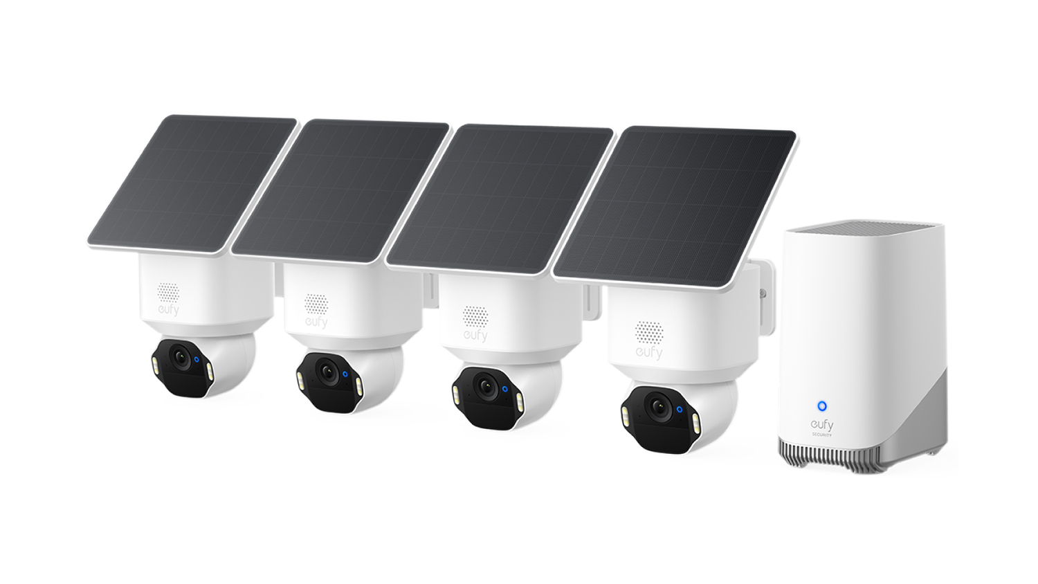 Four Eufy Cam E42 4K Outdoor Wireless Smart Security Cameras with a central hub