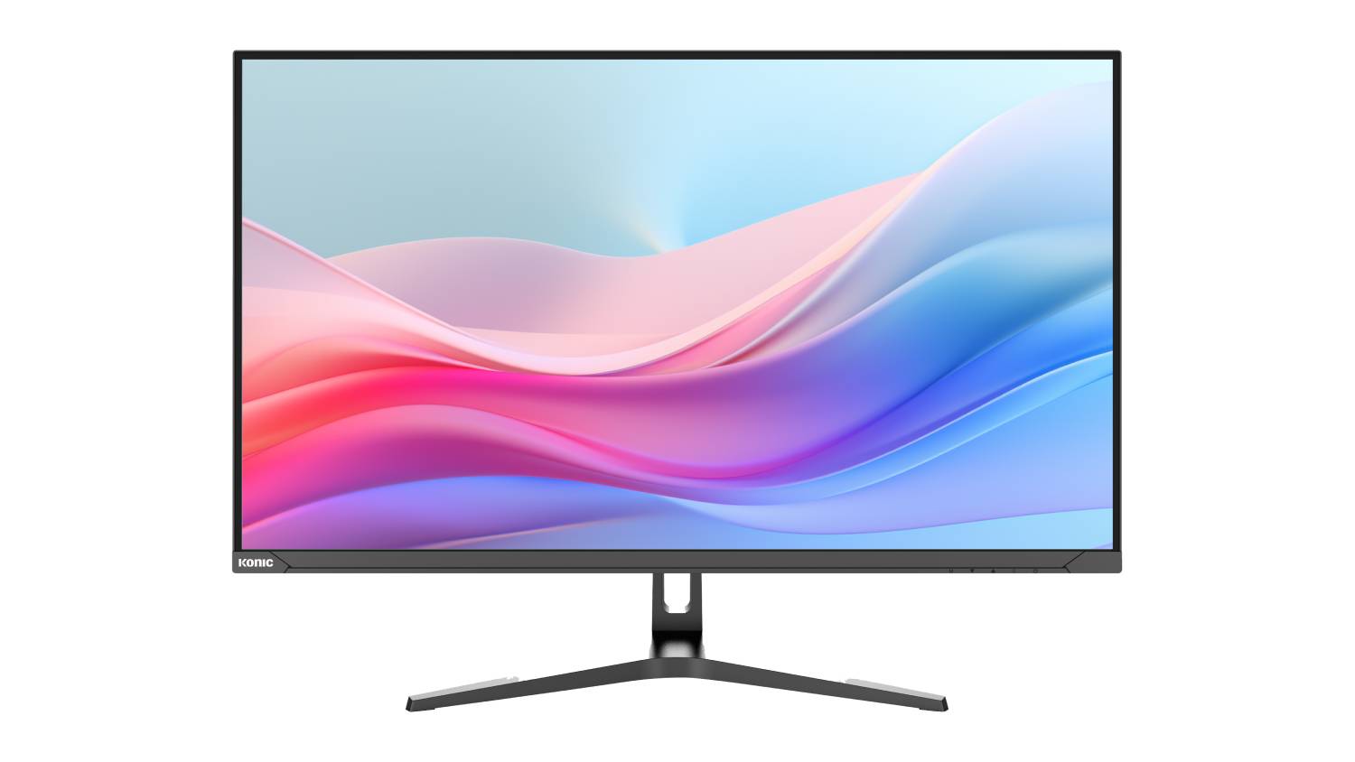 Front view of the Konic 32-inch Flat UHD Business Monitor showing a colourful abstract design on screen
