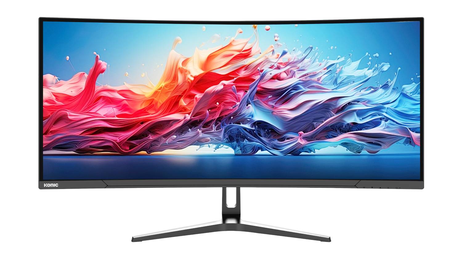 Front view of the Konic 34-inch Curved WQHD Gaming Monitor displaying a vibrant screen display on its wide curved screen