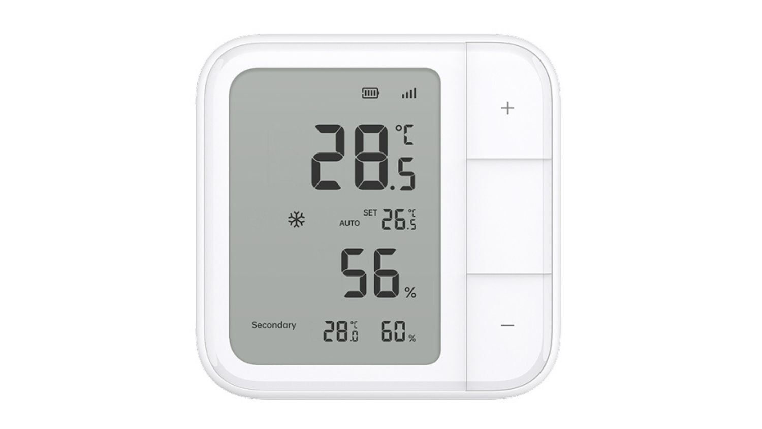 White Aqara Climate Sensor W100, showing 28.5°C temperature and 56% humidity on its display