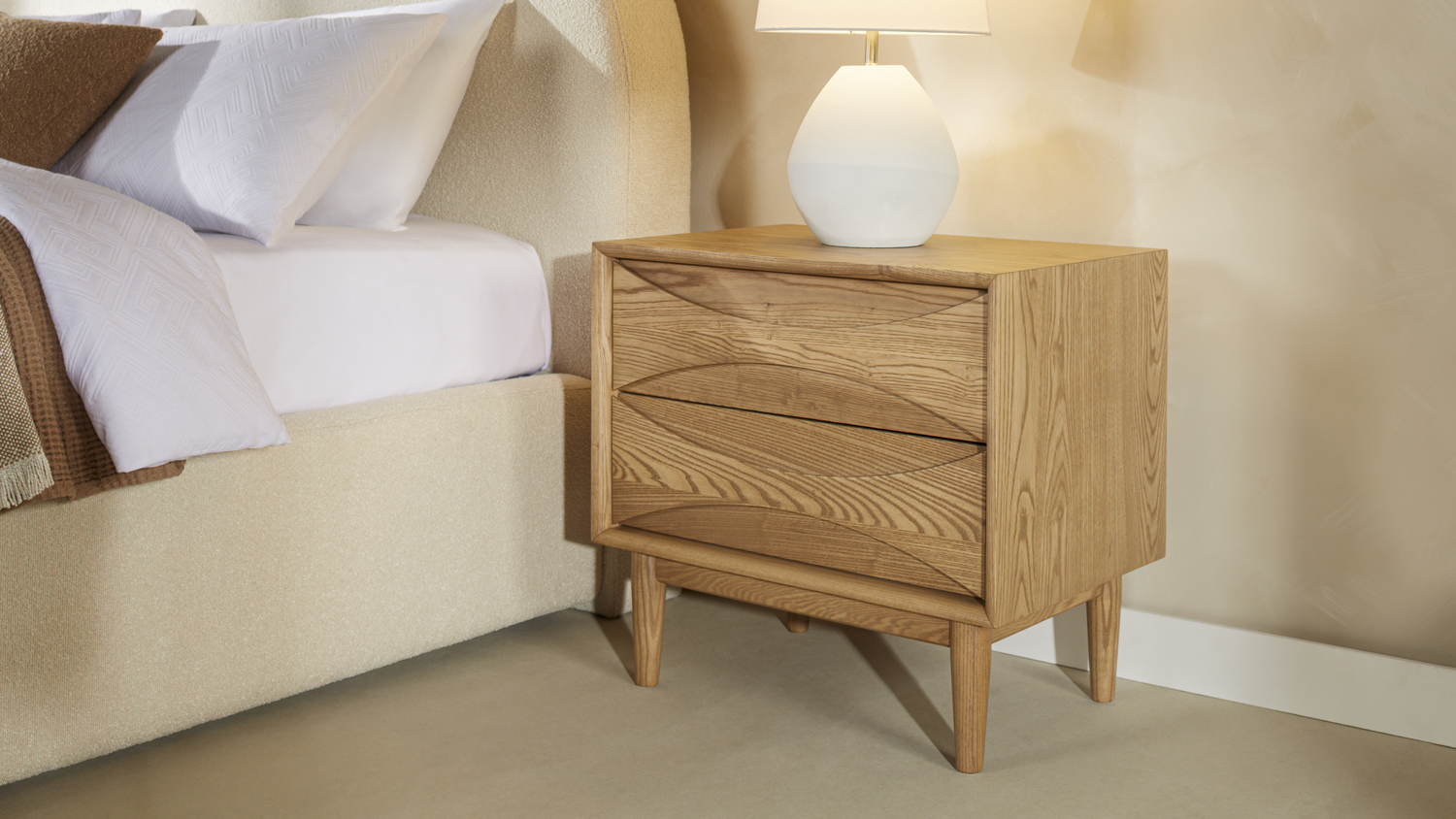 Wanaka 2 Drawer Bedside Table with tapered legs
