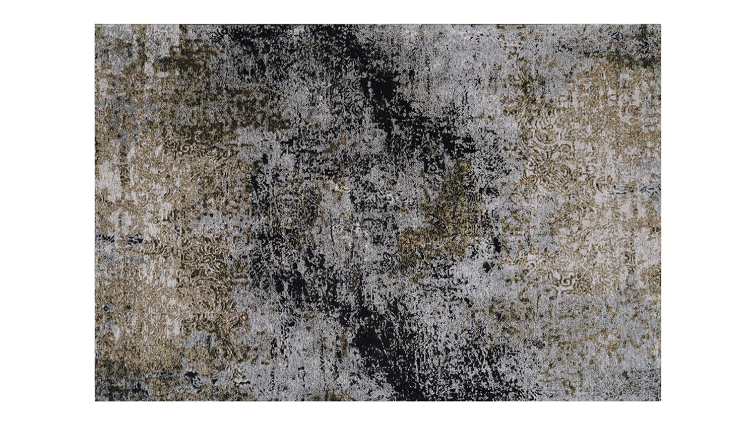 Rectangular rug with an abstract distressed design blending navy, gold, and grey tones for a bold, contemporary look