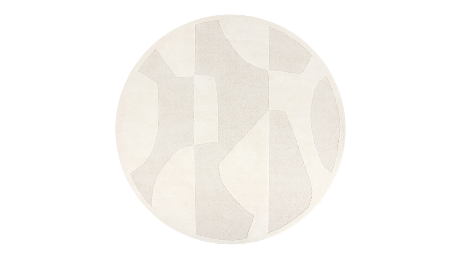 Round ivory rug featuring an abstract carved design with irregular geometric shapes in tone-on-tone ivory and beige