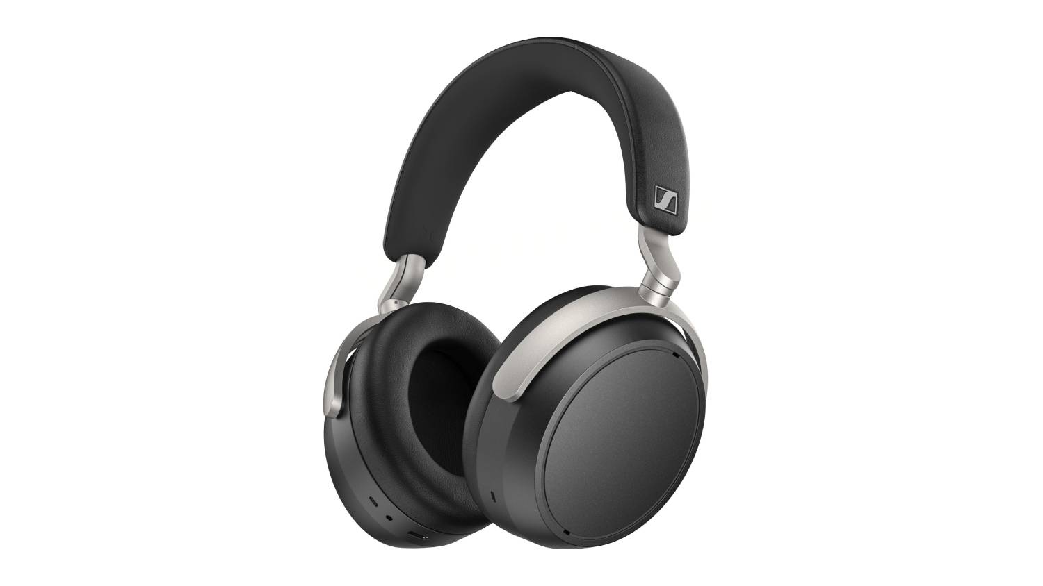 Angled view of the Sennheiser HDB 630 headphones showing black earcups with silver accents and a padded headband